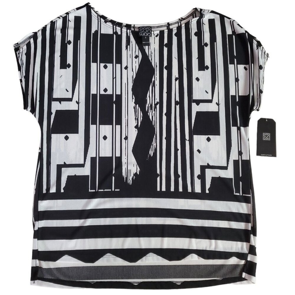Clara Sun Woo Blouse Womens Small Black White Geometric Lightweight New With Tag